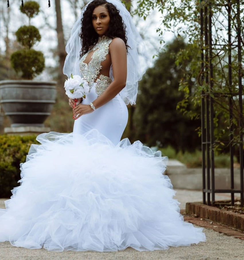 White Mermaid Long Wedding Dresses Stunning Beaded Bottom Ruffles Bridal Gowns-FrenzyAfricanFashion.com