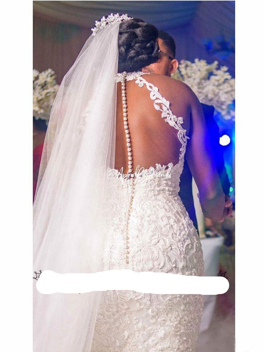 Linzy Lace Beaded Mermaid Trumpet Halter Neck wedding dress-FrenzyAfricanFashion.com