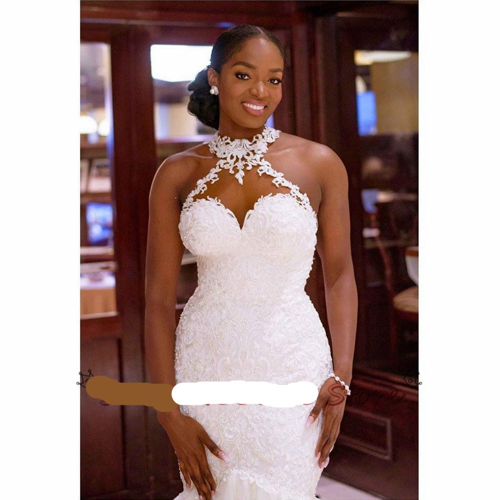 Linzy Lace Beaded Mermaid Trumpet Halter Neck wedding dress-FrenzyAfricanFashion.com