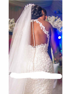 Linzy Lace Beaded Mermaid Trumpet Halter Neck wedding dress-FrenzyAfricanFashion.com