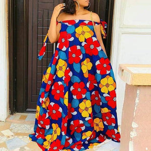 Bohemian Maxi Dress Women Sexy Off Shoulder Vintage Floral Printed Pleated Long Sleeveless Summer Party-FrenzyAfricanFashion.com
