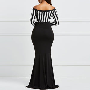 Elegant Sheath Women Off Shoulder Long Sleeve Black Stripes White Bodycon Maxi Mermaid Party Dress-FrenzyAfricanFashion.com