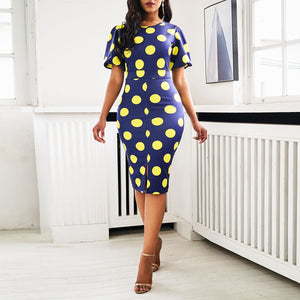 Women Midi Blue Yellow Polka Dot Bodycon Fashion Office Dress-FrenzyAfricanFashion.com