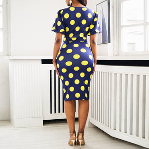 Women Midi Blue Yellow Polka Dot Bodycon Fashion Office Dress-FrenzyAfricanFashion.com