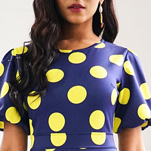 Women Midi Blue Yellow Polka Dot Bodycon Fashion Office Dress-FrenzyAfricanFashion.com