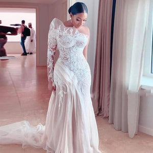 One Shoulder Lace Aline Wedding Dress Side Drape - Cynthia-FrenzyAfricanFashion.com